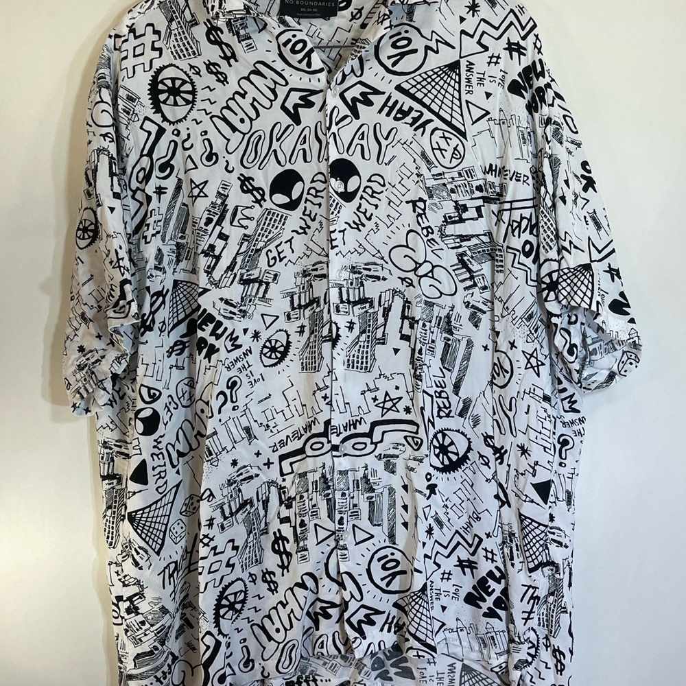 No Boundaries White/Black Graffiti Street Art Button Shirt Men’s 3XL (54-56)